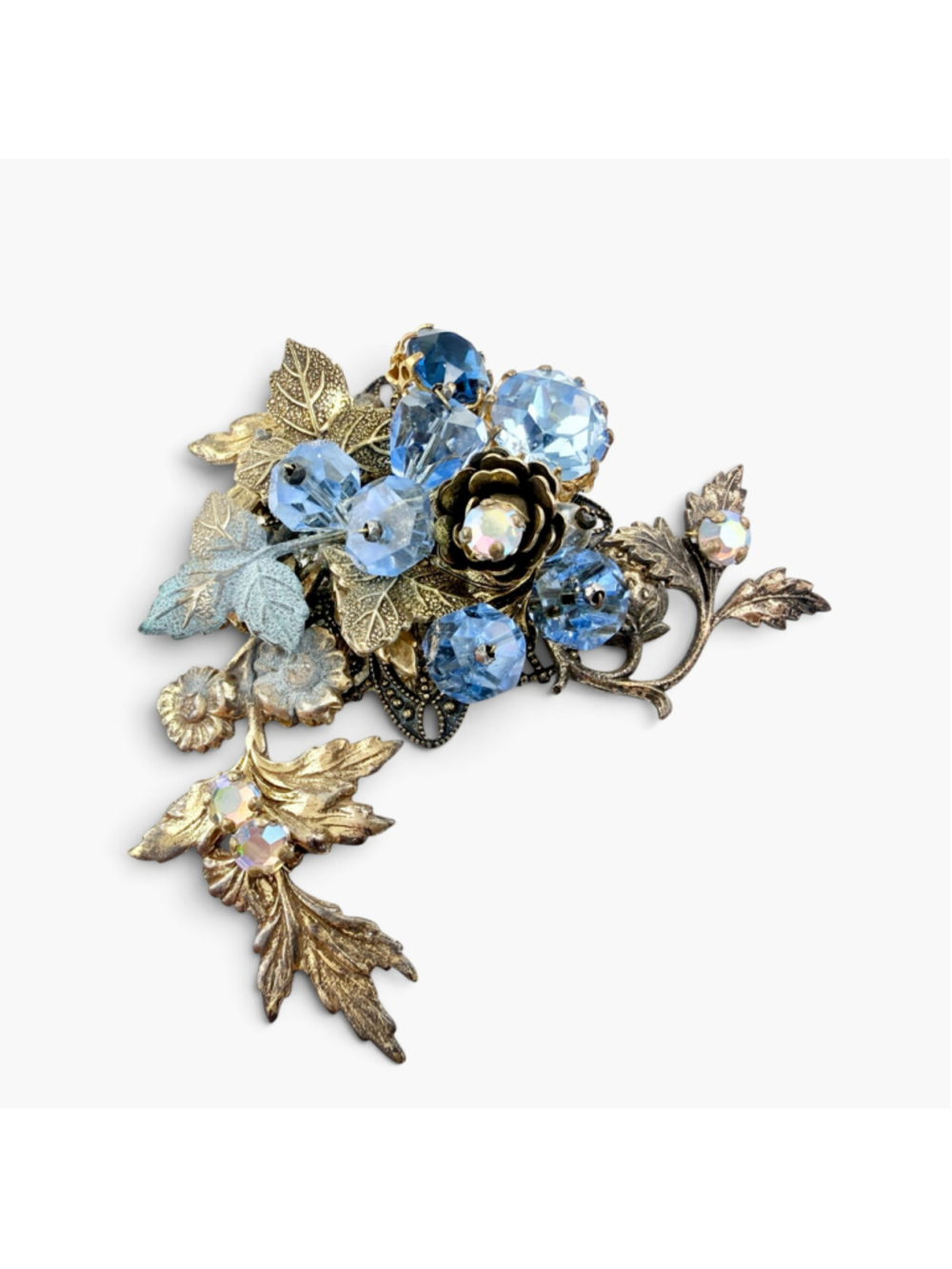 Vintage West Germany Blue Glass Floral Filigree Aurora Borealis Brooch - Picture 8 of 10